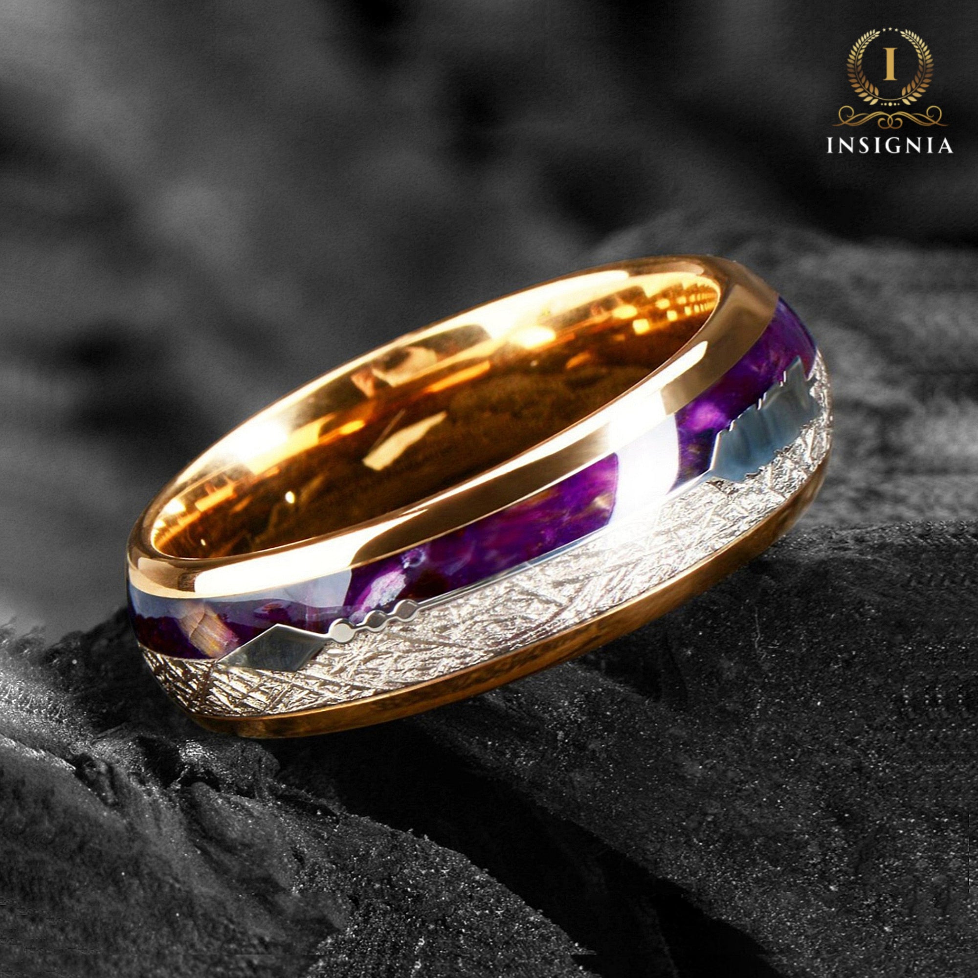MATCHING RINGS TUNGSTEN PURPLE AGATE & METEORITE SET