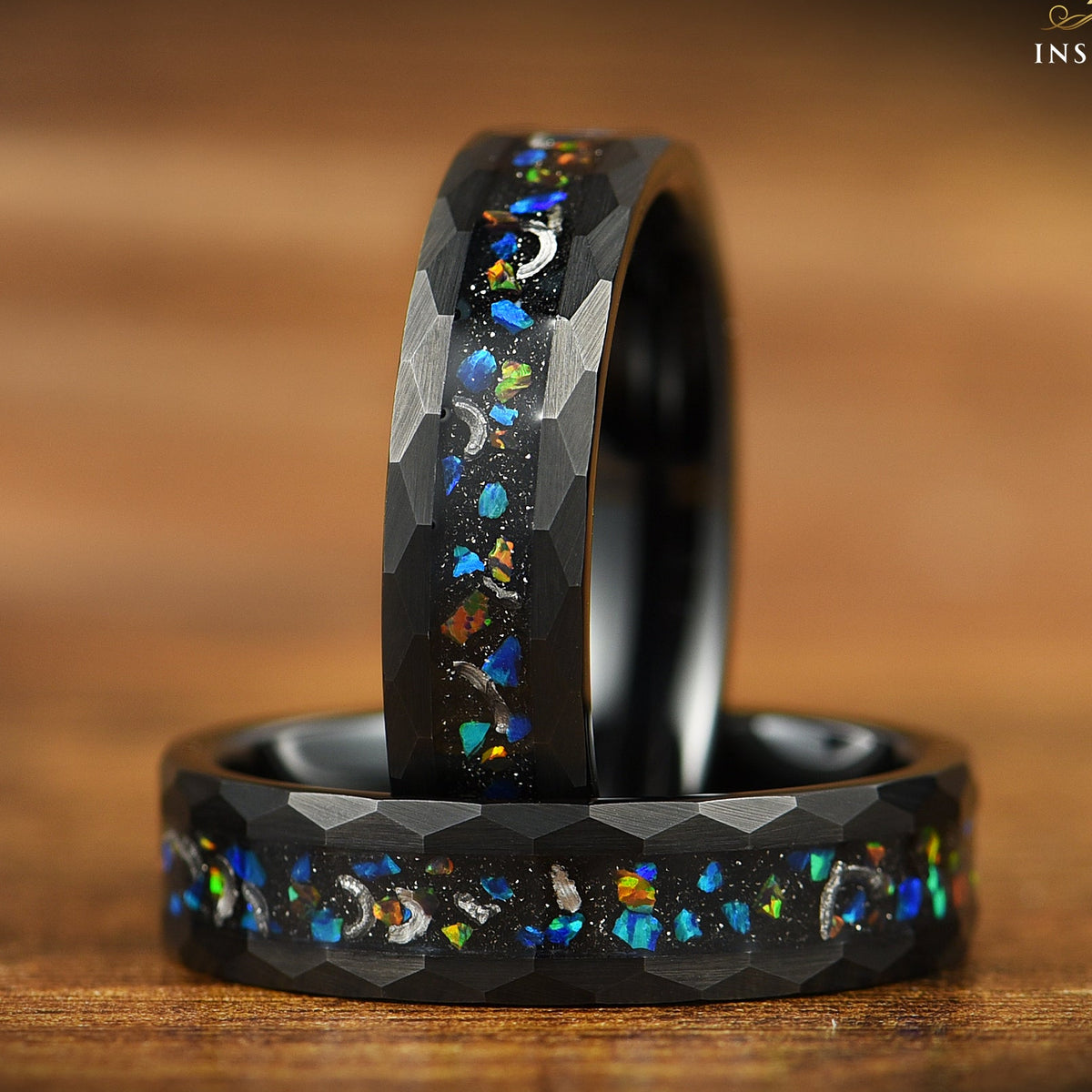 Mens Wedding Rings in Opal and Meteorite with Black Tungsten Main View