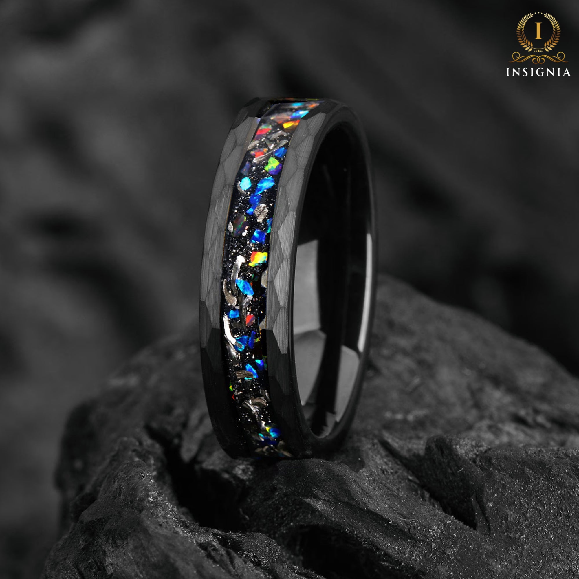 Close-up of unique meteorite galaxy wedding band set with 6mm and 4mm bands for his & hers