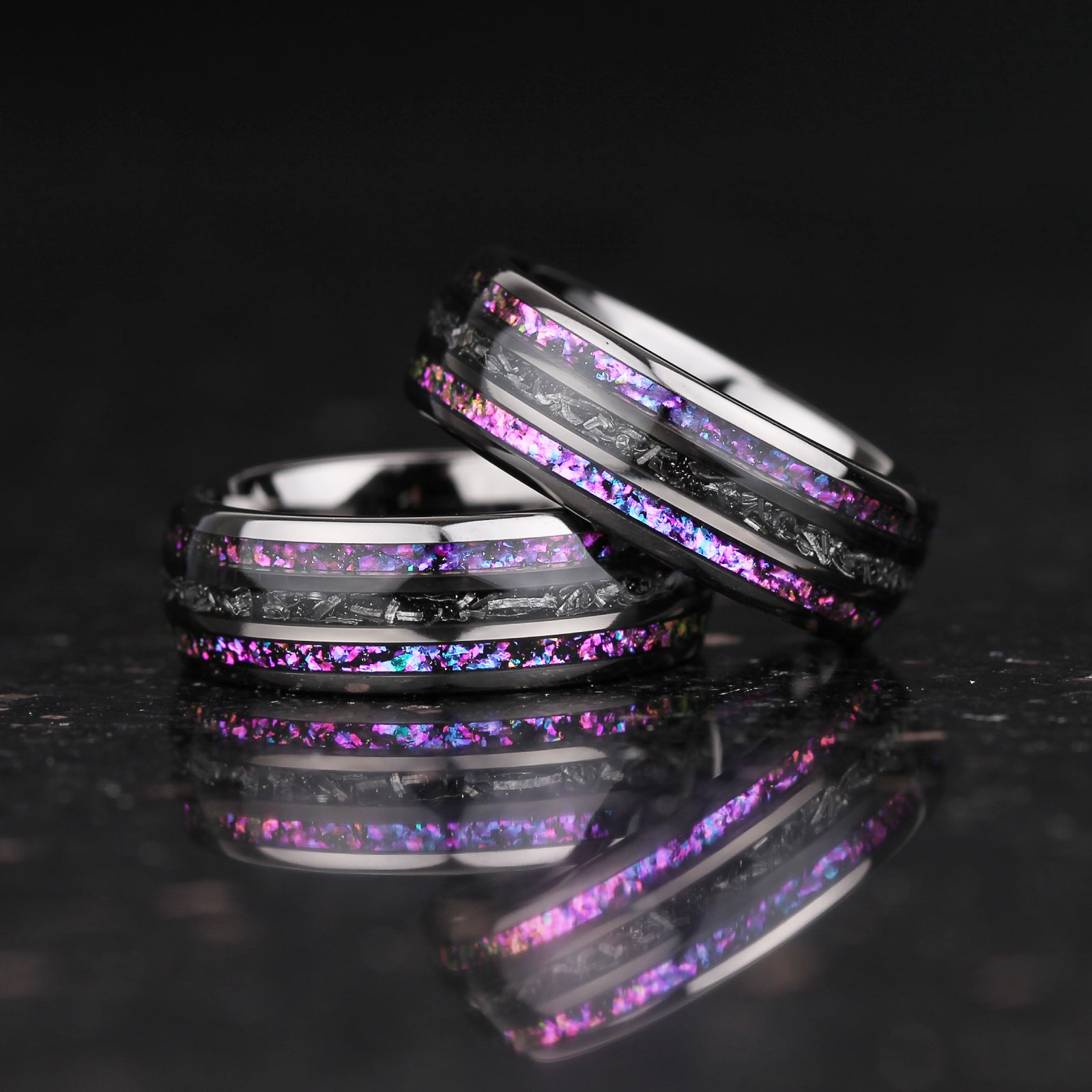 Meteorite jewelry ring with black tungsten band and nebula detail