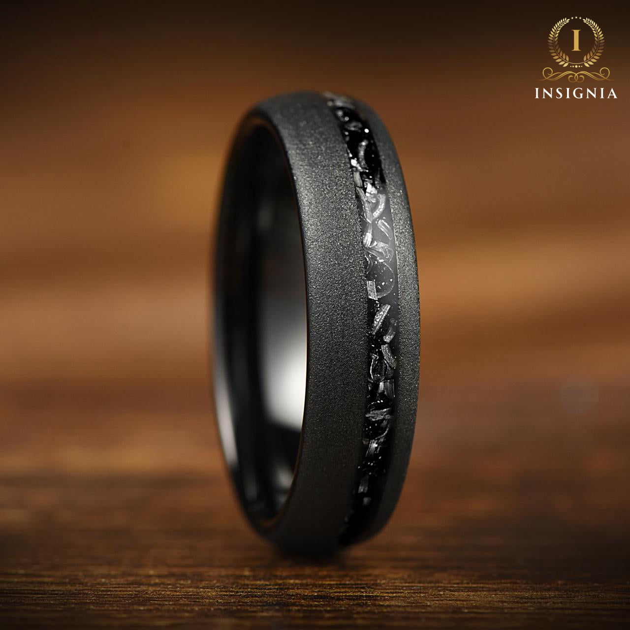 METEORITE RING - BLACK SANDBLAST TUNGSTEN WITH AUTHENTIC METEORITE 6MM