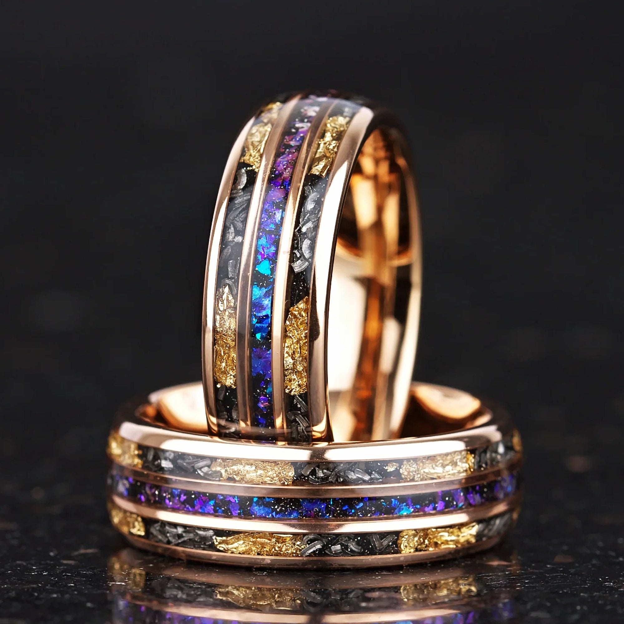 Meteorite rings for couples with blue nebula inlay and gold accents