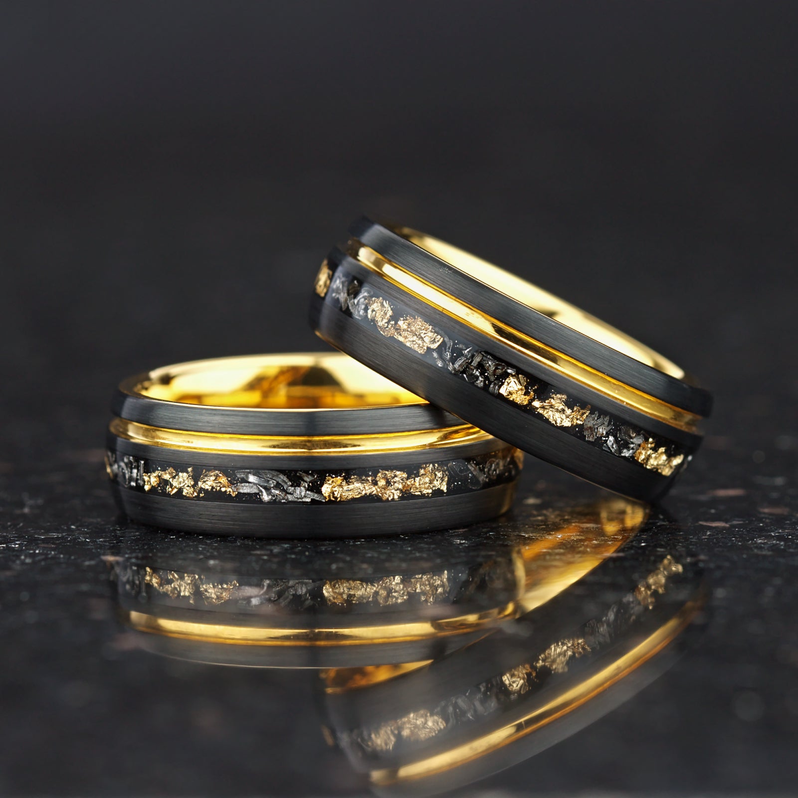 Meteorite wedding ring with black tungsten band and gold detail