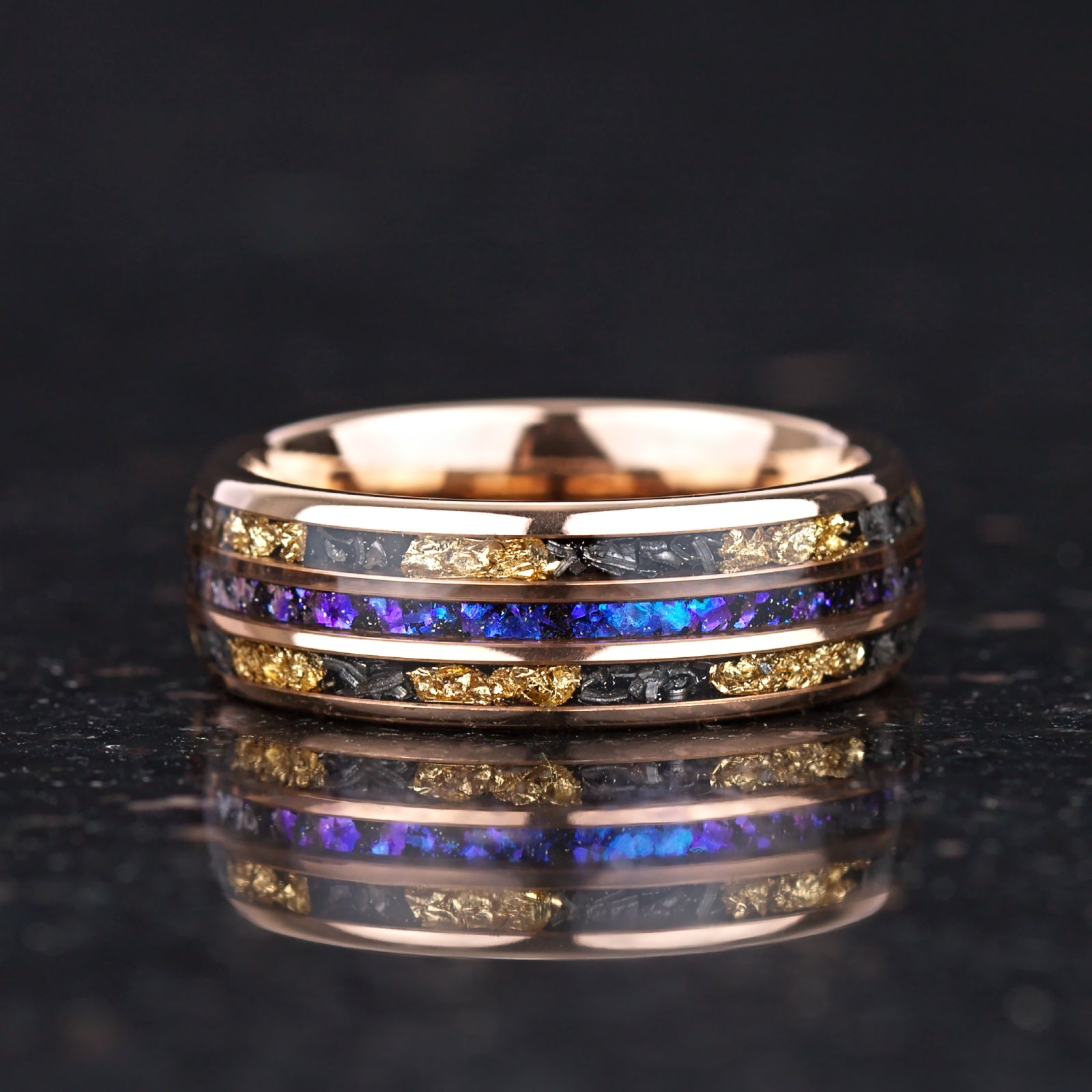 Meteorite wedding ring with nebula design and gold leaf detail