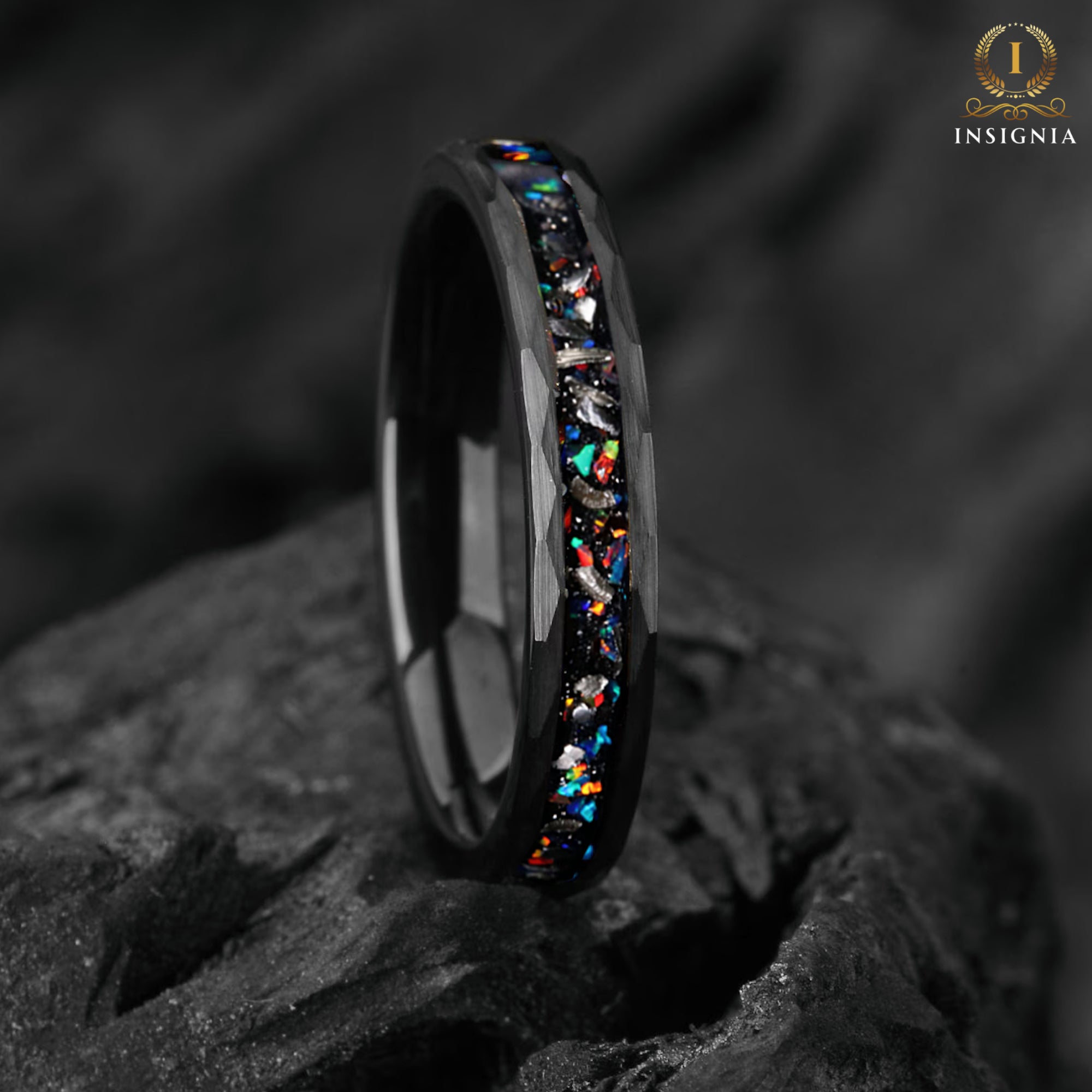 Close-up of meteorite wedding ring with opal detail