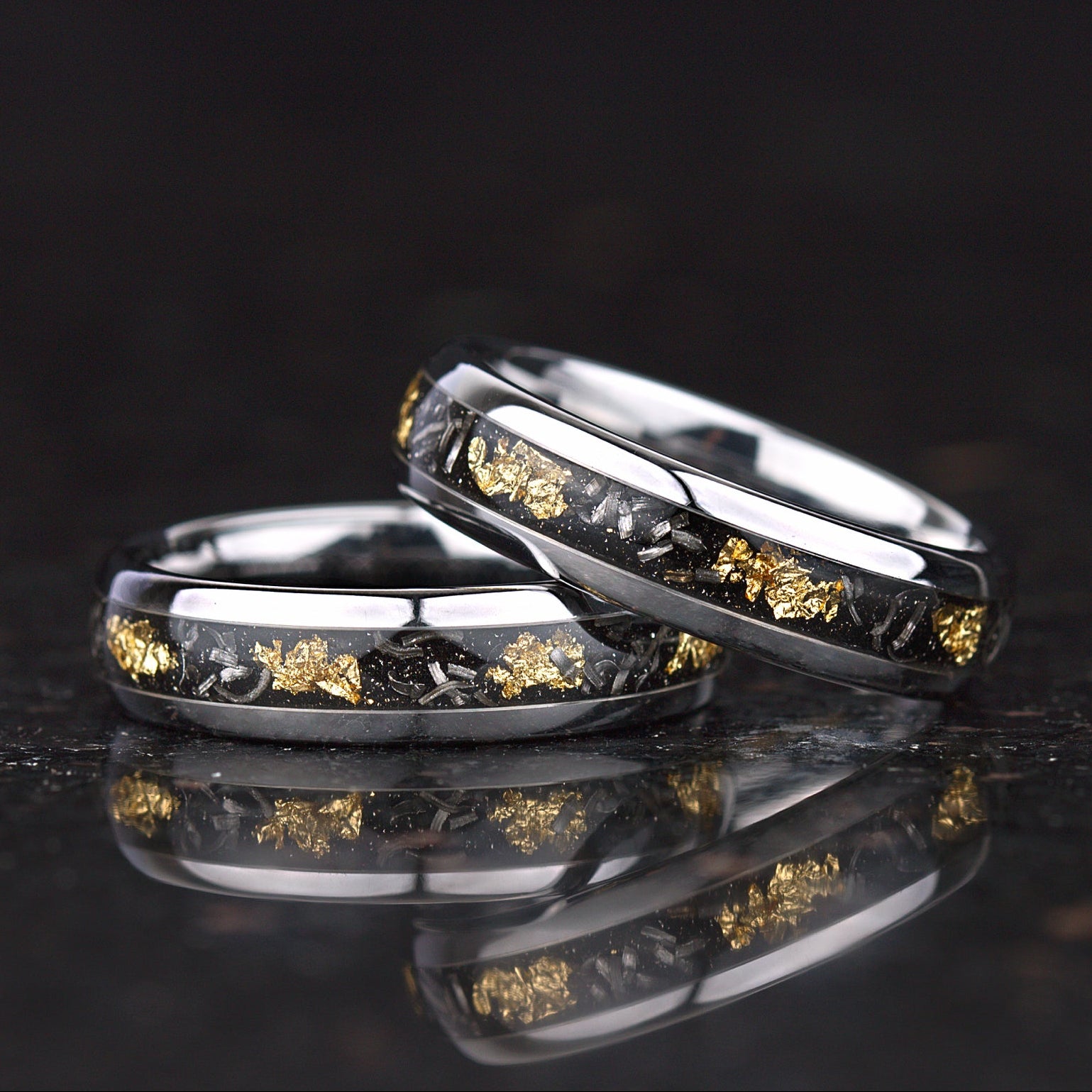 Meteorite wedding ring silver band with gold leaf and textured inlay