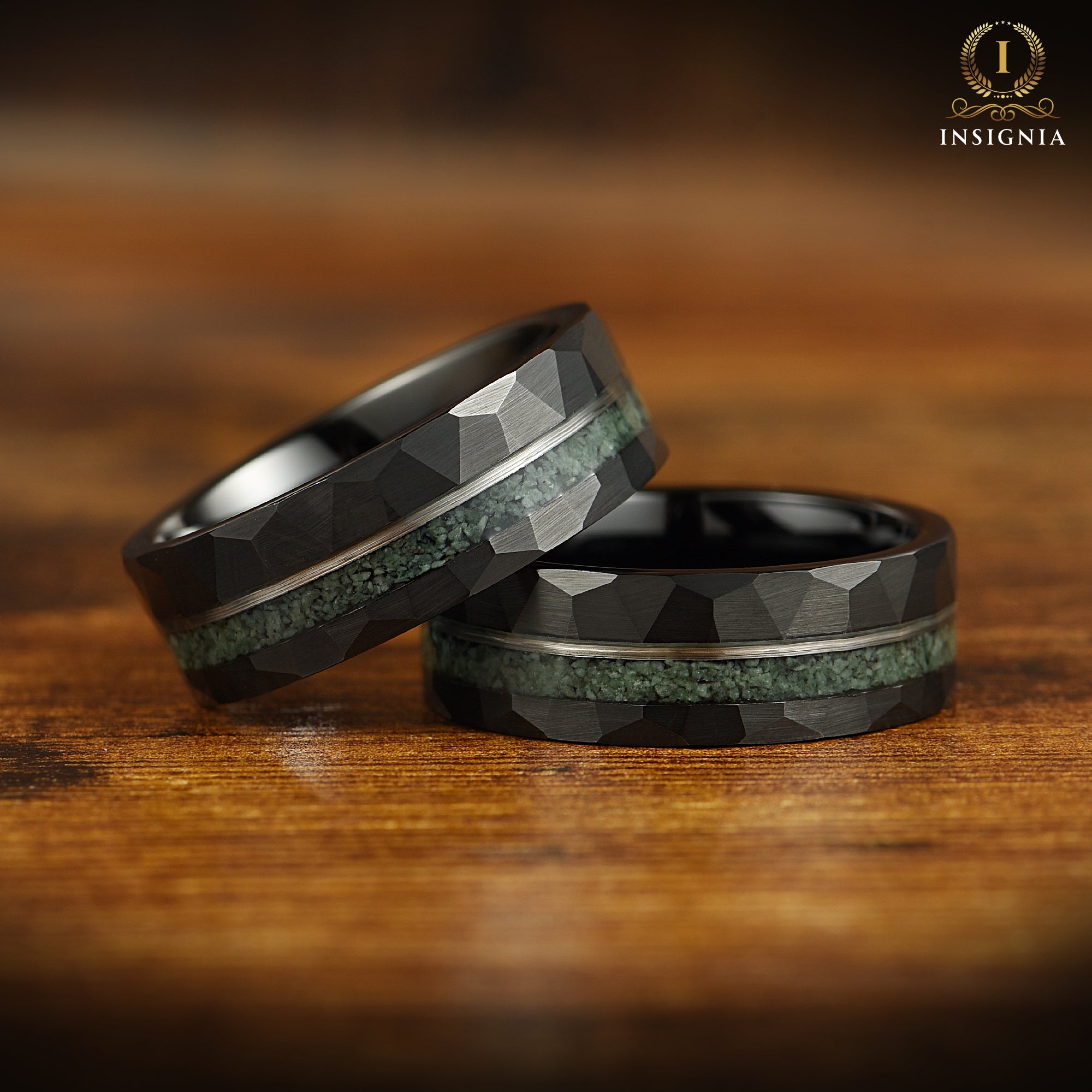Moss agate ring with black tungsten hammered band and green inlay detail