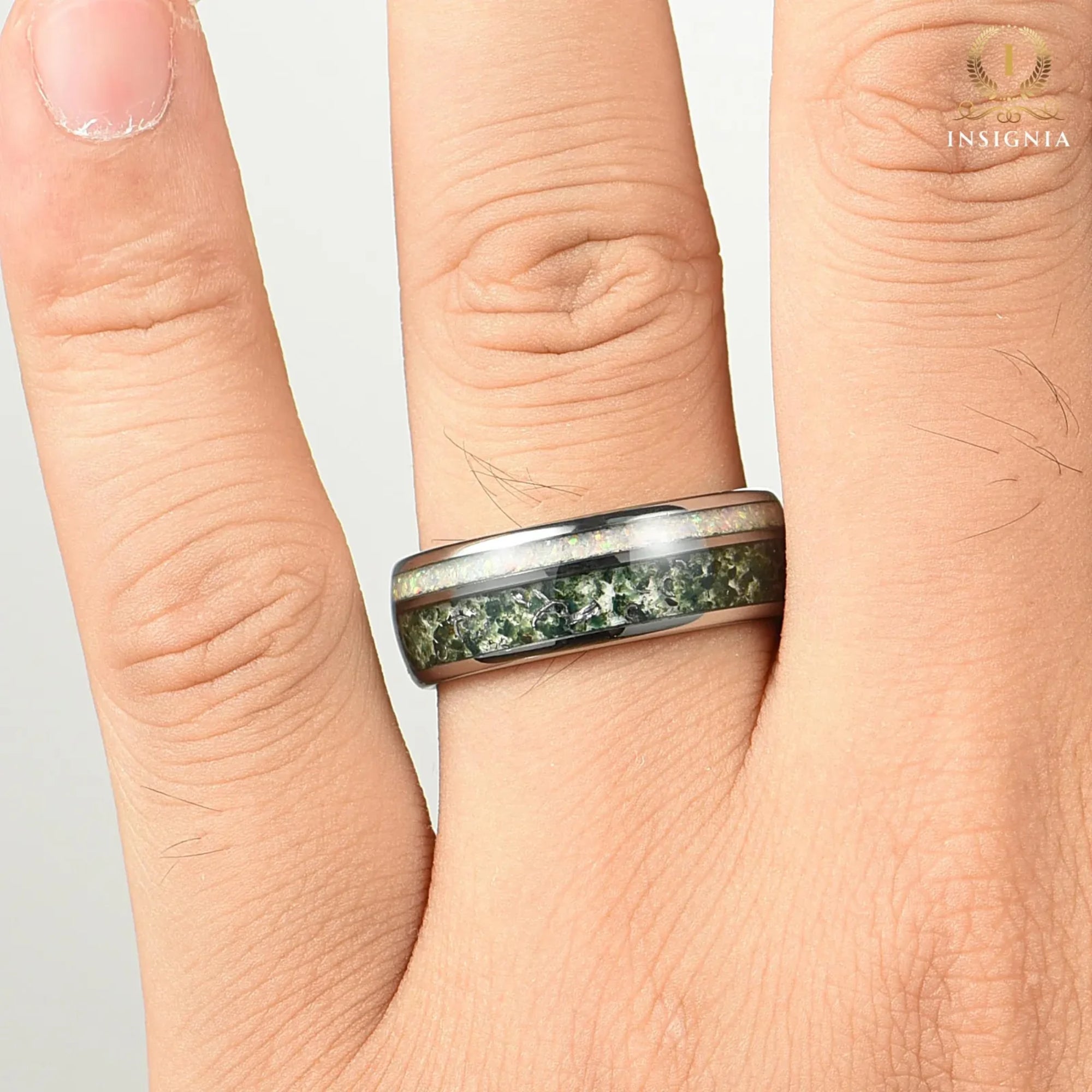 Close view of moss agate ring with meteorite and gold elements