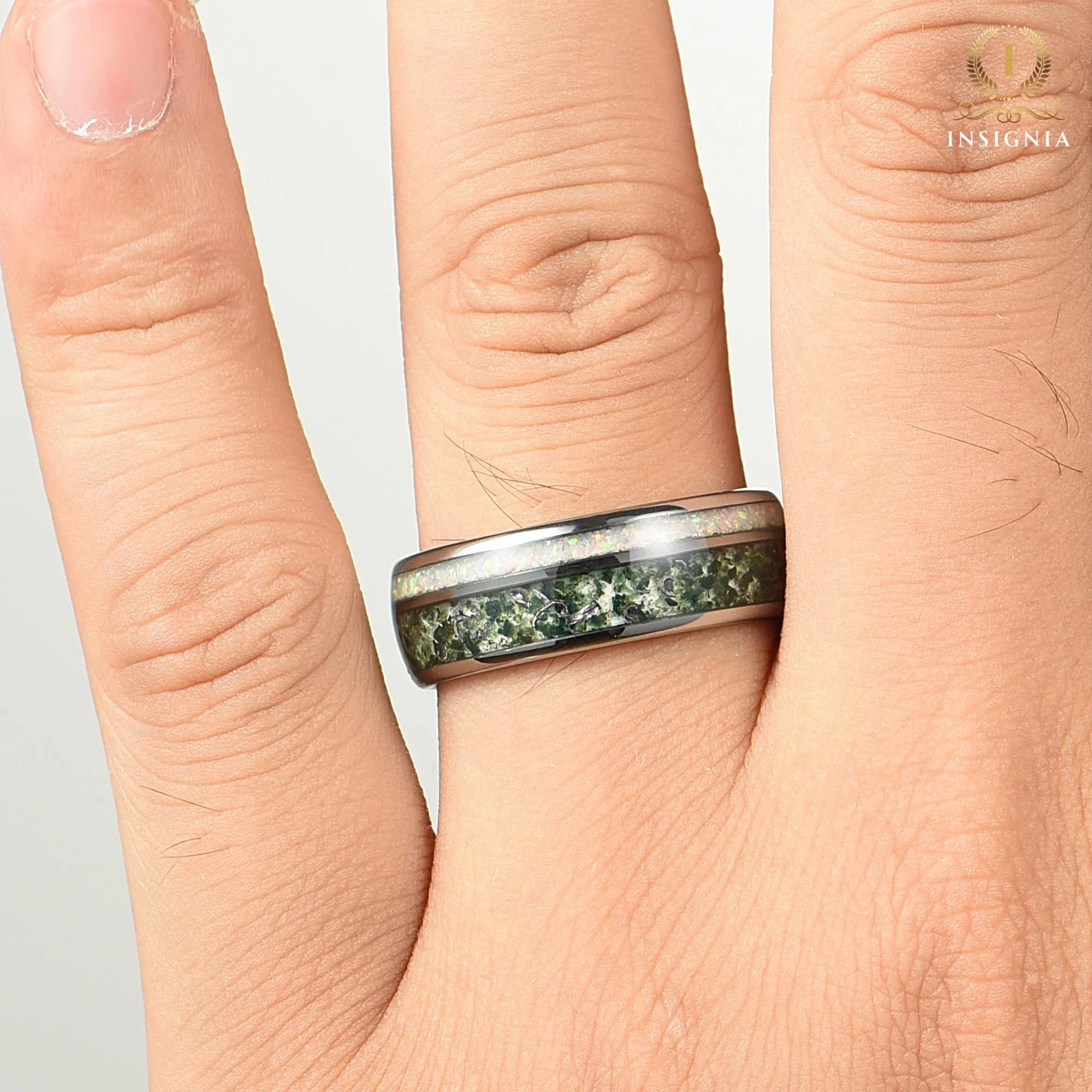 Moss Agate Ring Guys Wedding Worn on Hand View