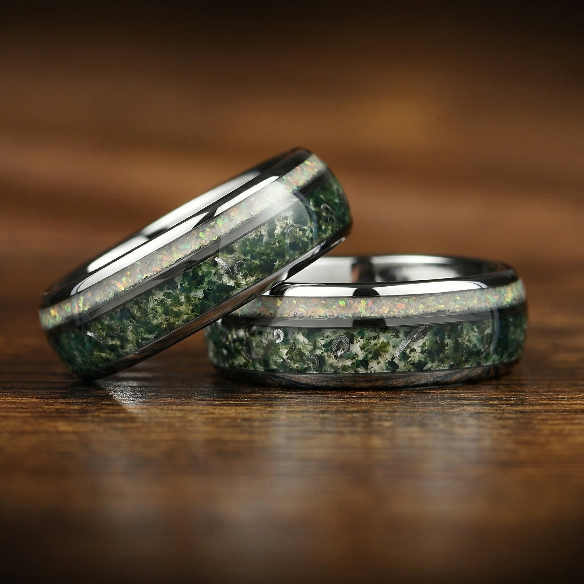 Moss Agate Ring Guys Wedding Stacked View