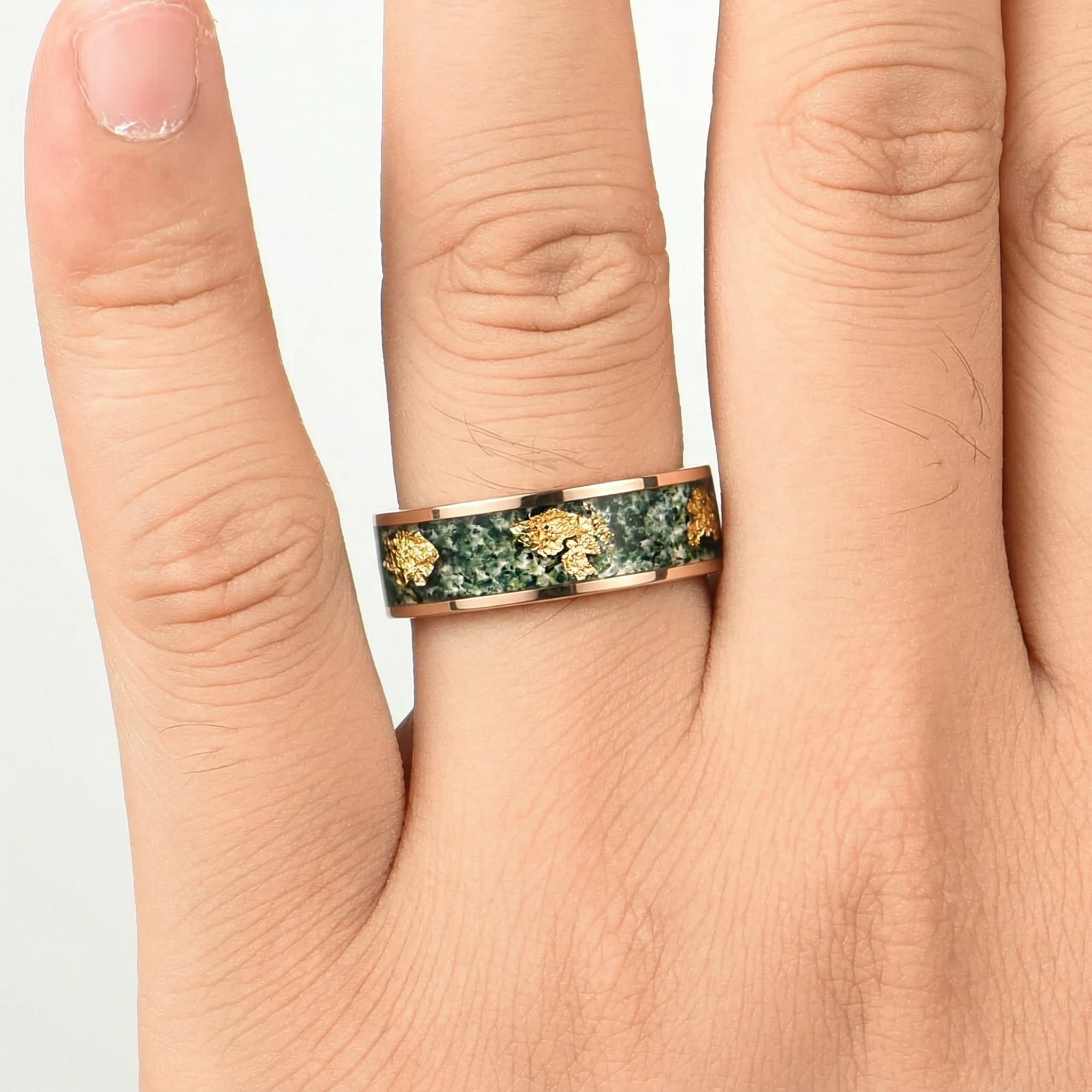 Moss Agate Ring Men Rose Worn on Hand View