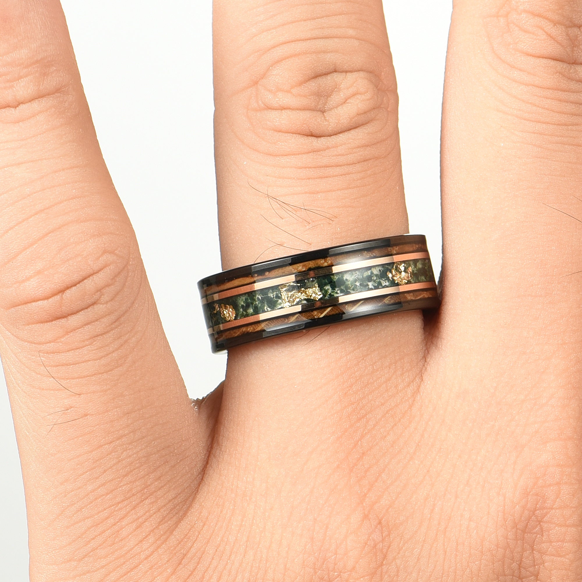 Moss Agate Ring Wood Hand View