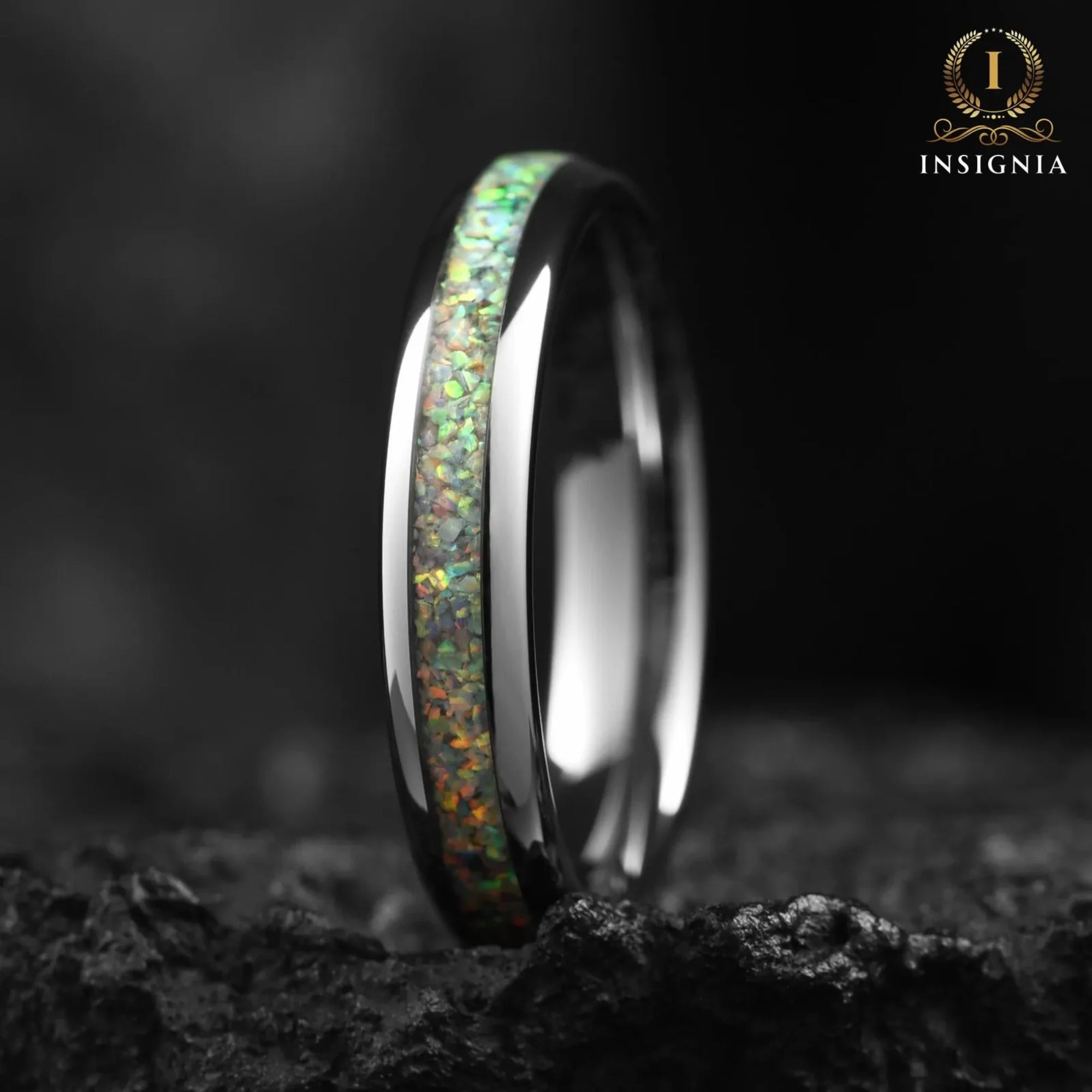 Opal tungsten couple rings with polished silver finish