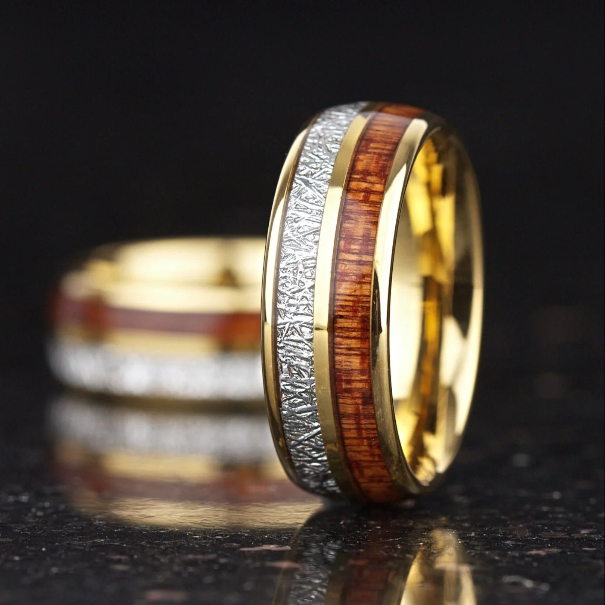 Pair wedding bands gold with wood inlay and polished finish