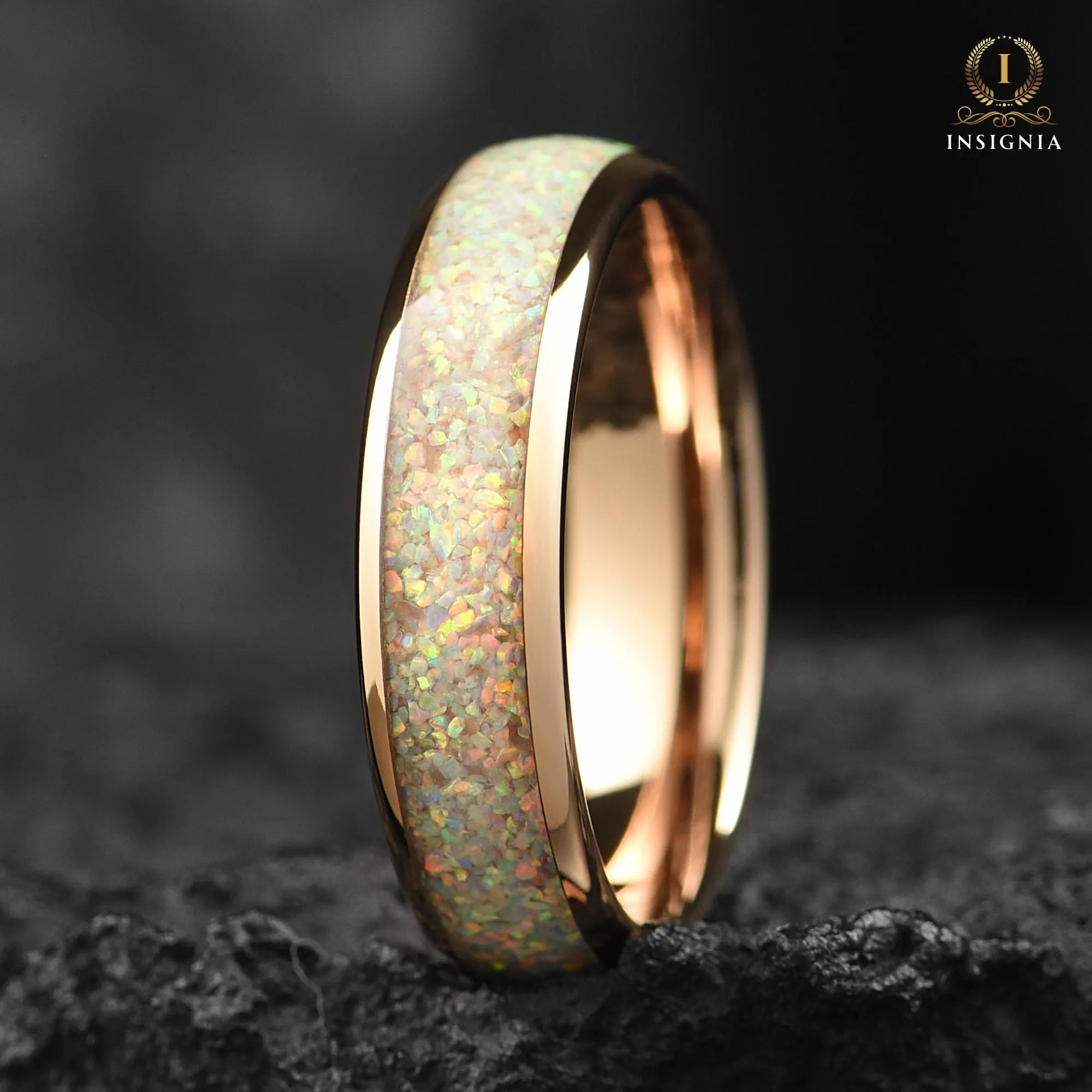 White Fire Opal Womens & Mens Unique Wedding Band 6mm - Rose Gold Tungsten Promise Ring for Him/Her, Opal Engagement Ring, Comfort Fit, - INSIGNIA