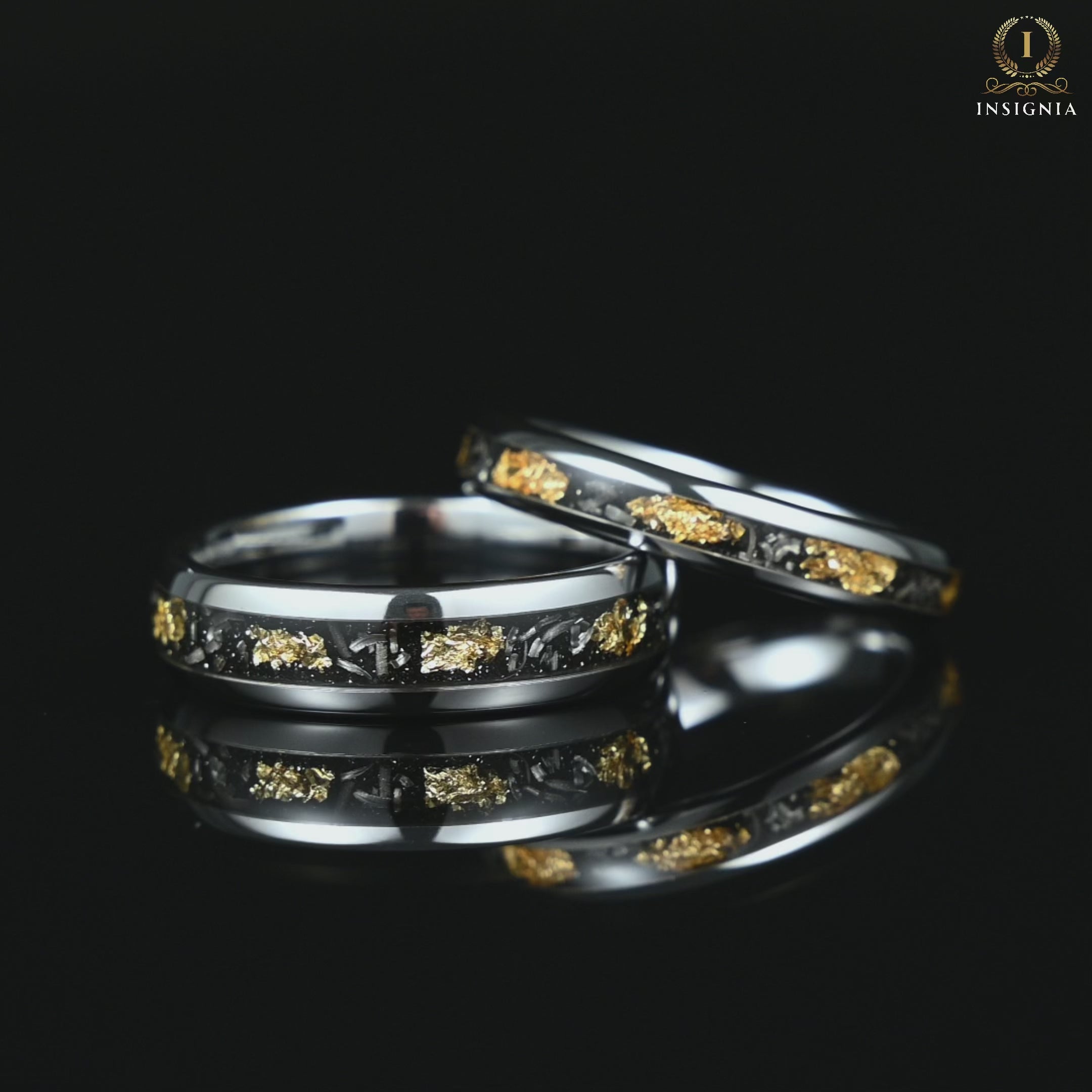 Marriage ring set with authentic meteorite inlay and silver finish Video Showcase