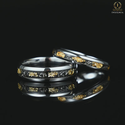Marriage ring set with authentic meteorite inlay and silver finish Video Showcase
