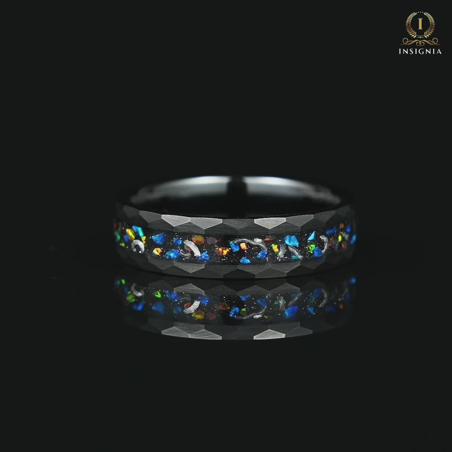 Mens Wedding Rings in Opal and Meteorite with Black Tungsten Video Showcase