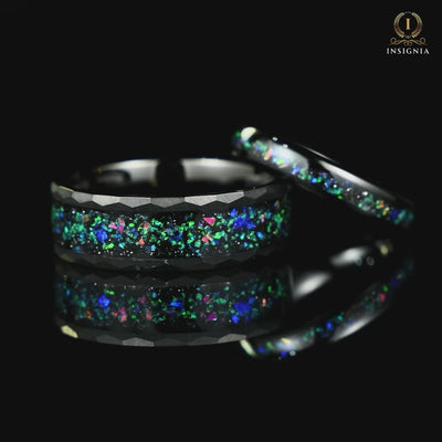 His and Hers Black Wedding Bands with Opal and Alexandrite Video
