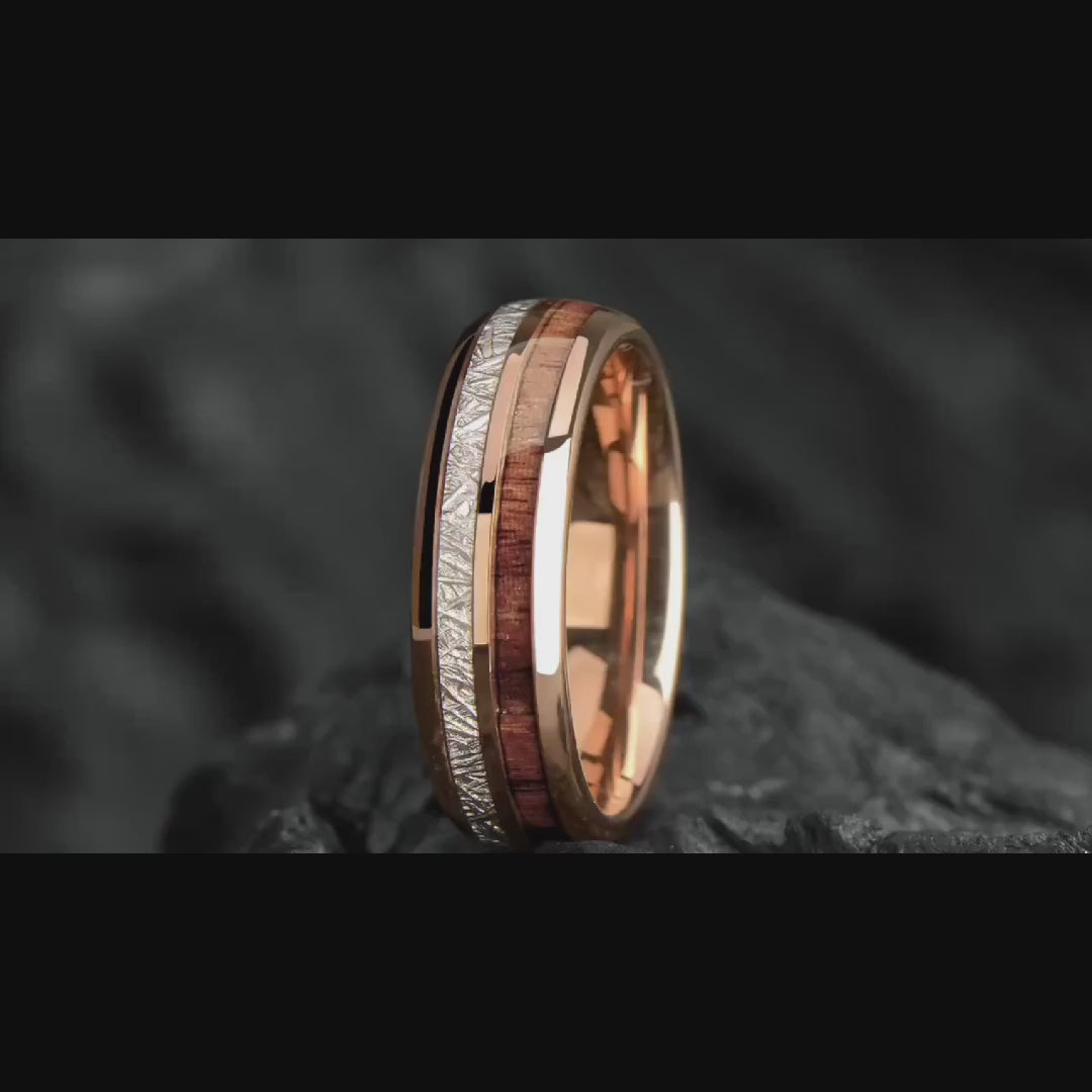 Meteorite & Koa Wood Wedding Band Set His and Hers - WoodenCouple Rings  6/8mm - Unique Promise Ring for Couples - Redwood Arrow Dome Rings