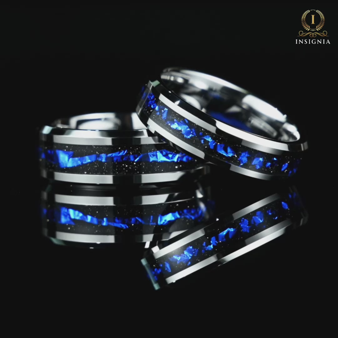 Silver Galaxy Wedding Rings with Shimmering Inlay 