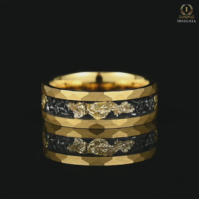 Mens Gold Ring With Hammered Finish And Meteorite Inlay Video Showcase