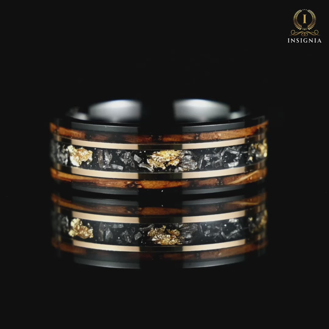 Mens Black Wedding Band Featuring Real Meteorite and Smoked Wood Inlay Rotating on Black Glass