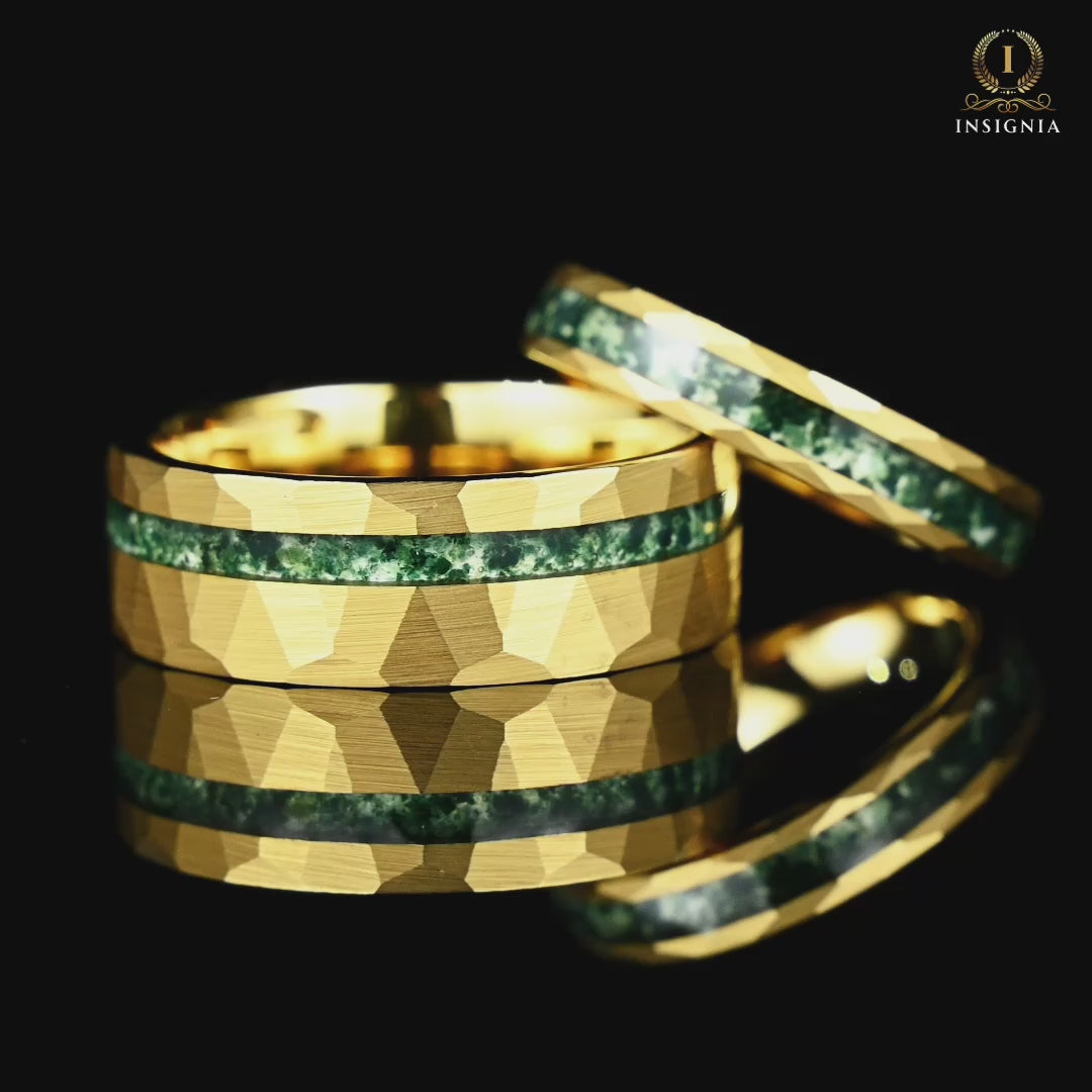 Unique Couple Ring Moss Agate Gold Hammered Video