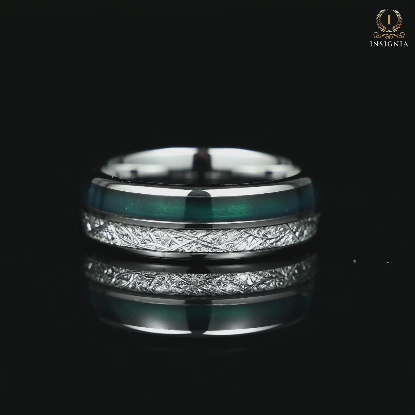 Masculine wedding rings tungsten band with green agate and meteorite Video