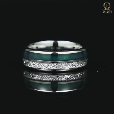 Masculine Wedding Rings Tungsten Band With Green Agate And Meteorite Video