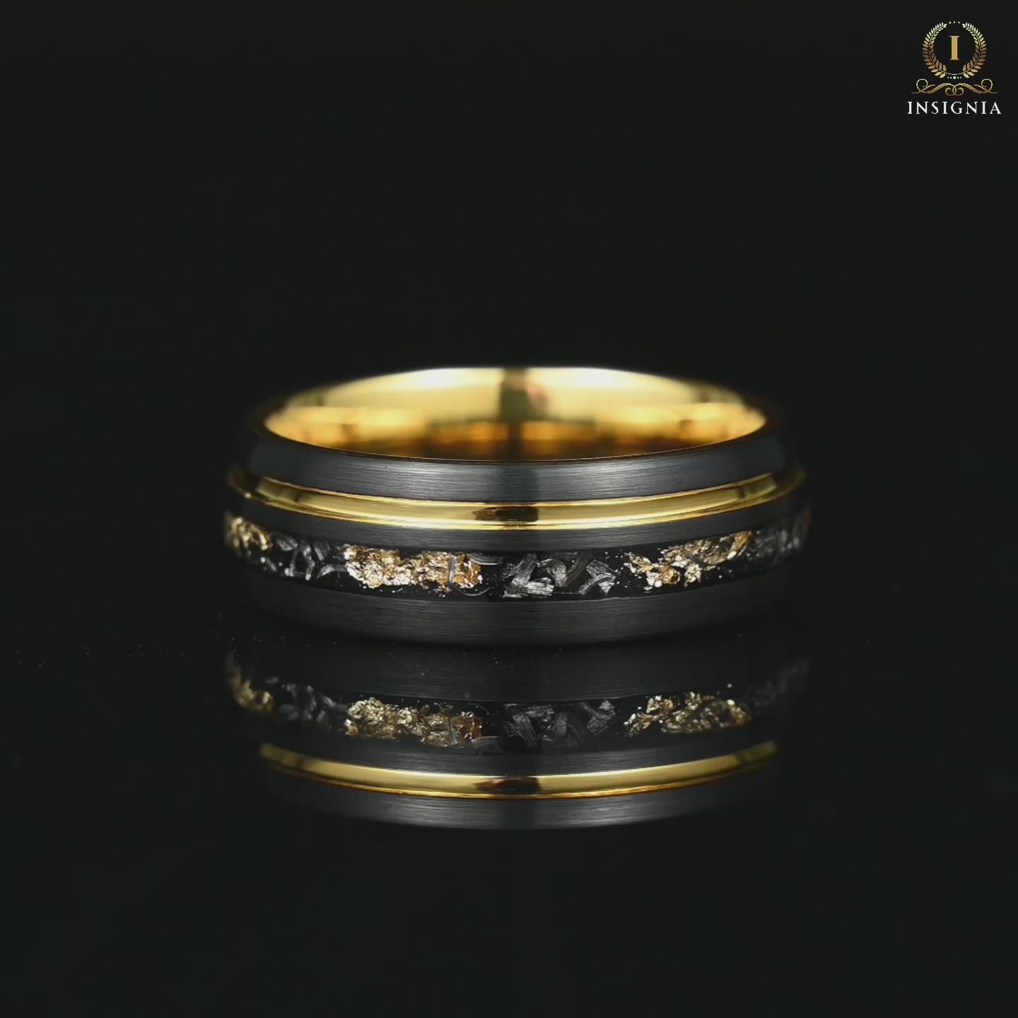 Black male wedding band with meteorite inlay and gold leaf detail Video