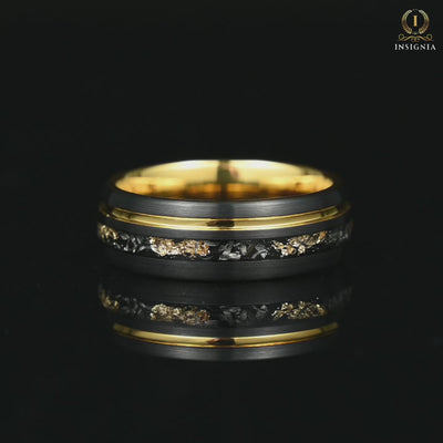 Black male wedding band with meteorite inlay and gold leaf detail Video