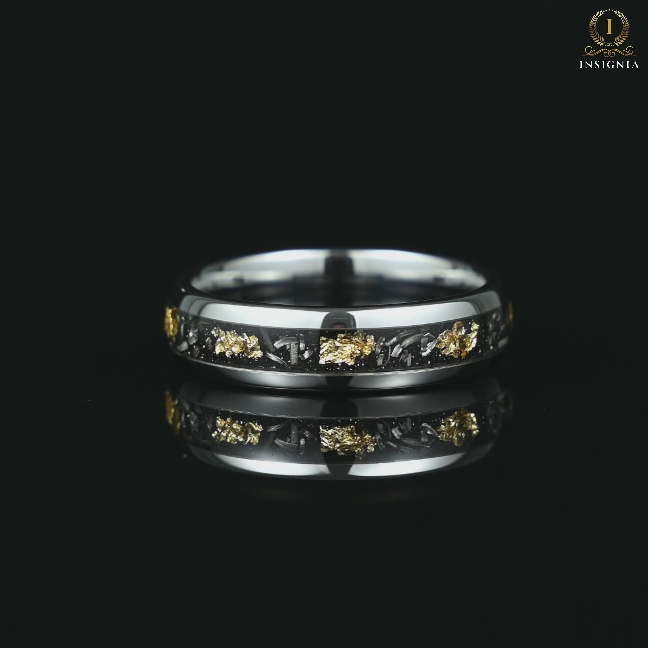 Men engagement ring silver tungsten band with meteorite and gold leaf Video Showcase