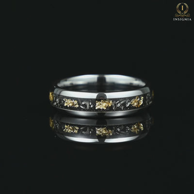 Men engagement ring silver tungsten band with meteorite and gold leaf Video Showcase