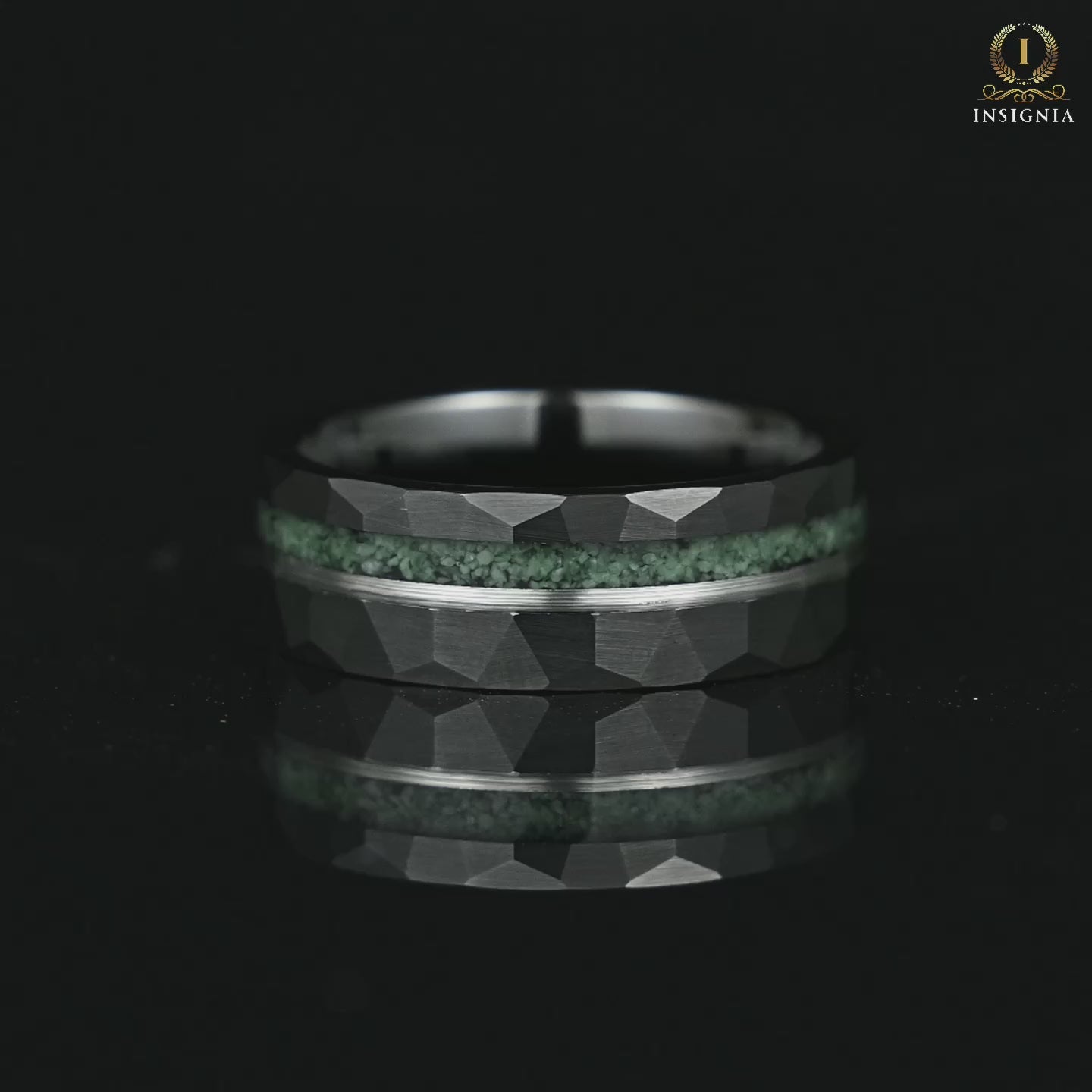 Wedding ring mens hammered black tungsten band with moss agate inlay Video Display