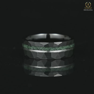 Wedding ring mens hammered black tungsten band with moss agate inlay Video Display