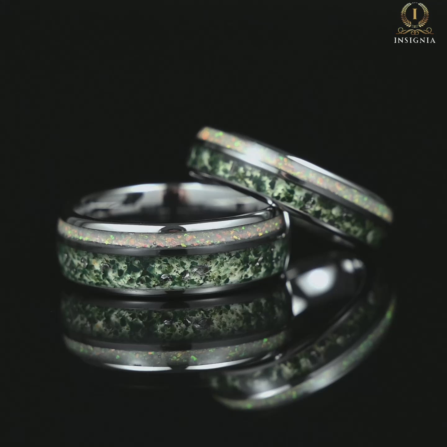 Matching Rings Tungsten Silver Wedding Set in Moss Agate Design Video Display