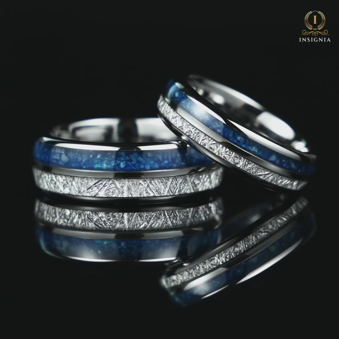 His and Hers Silver Wedding Set in Blue Agate Design