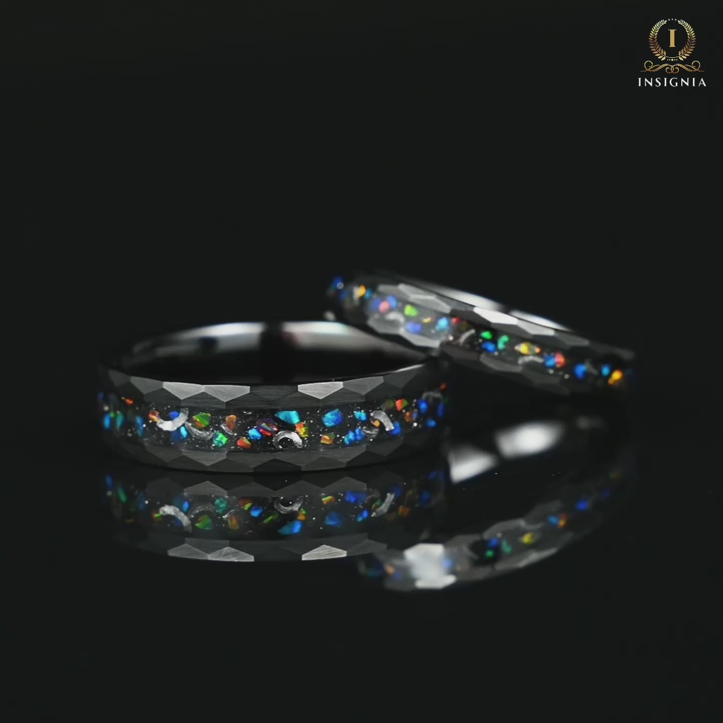 His & Hers Wedding Band Set with Meteorite and Black Fire Opal in Black Tungsten Carbide Video Showcase