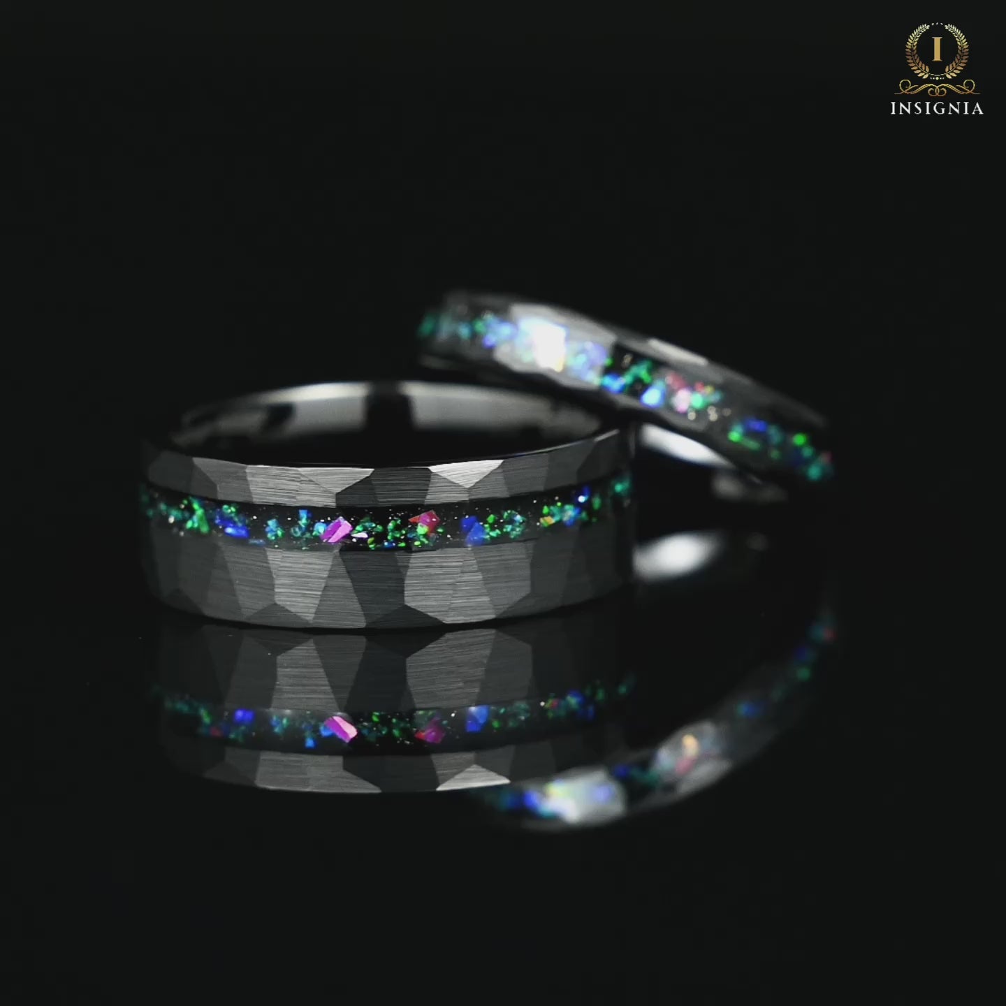 Wedding ring set with helix nebula inspired inlay and black tungsten finish Video Showcase