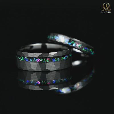 Wedding ring set with helix nebula inspired inlay and black tungsten finish Video Showcase