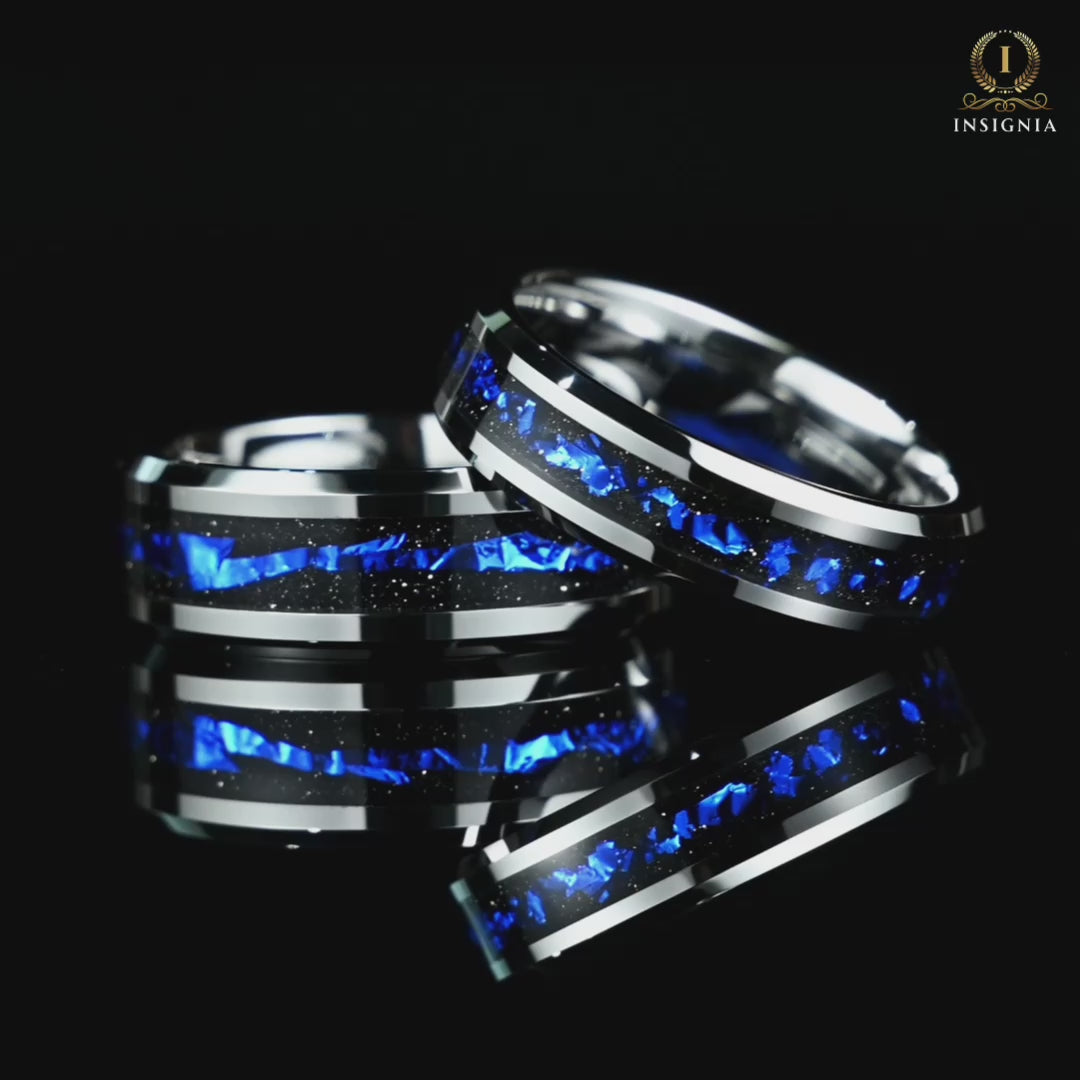 Video of Matching Rings Silver Tungsten Wedding Sets in Cygnus Nebula Design