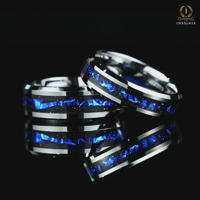 Video of Matching Rings Silver Tungsten Wedding Sets in Cygnus Nebula Design