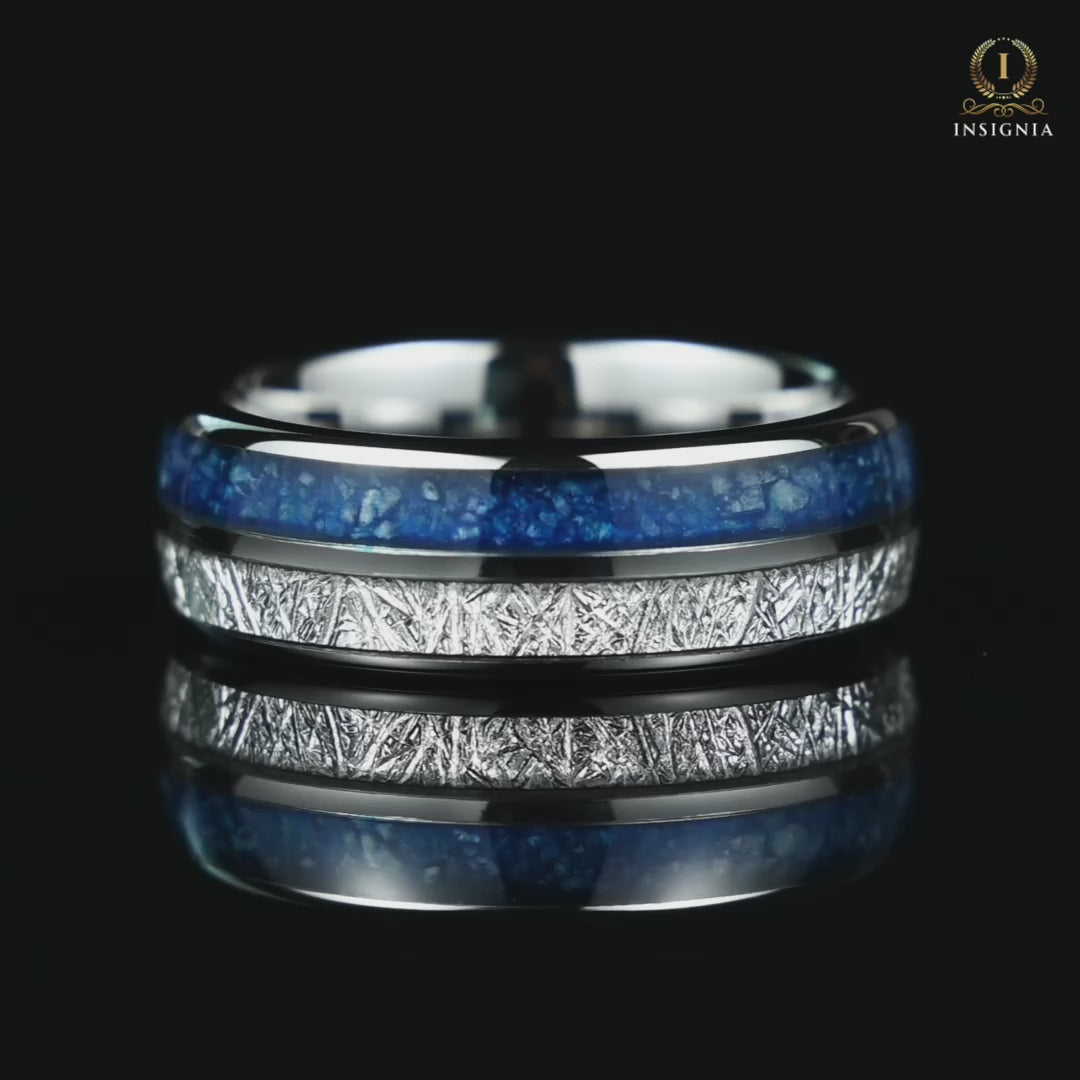 Silver Rings For Men Meteorite and Blue Agate Video