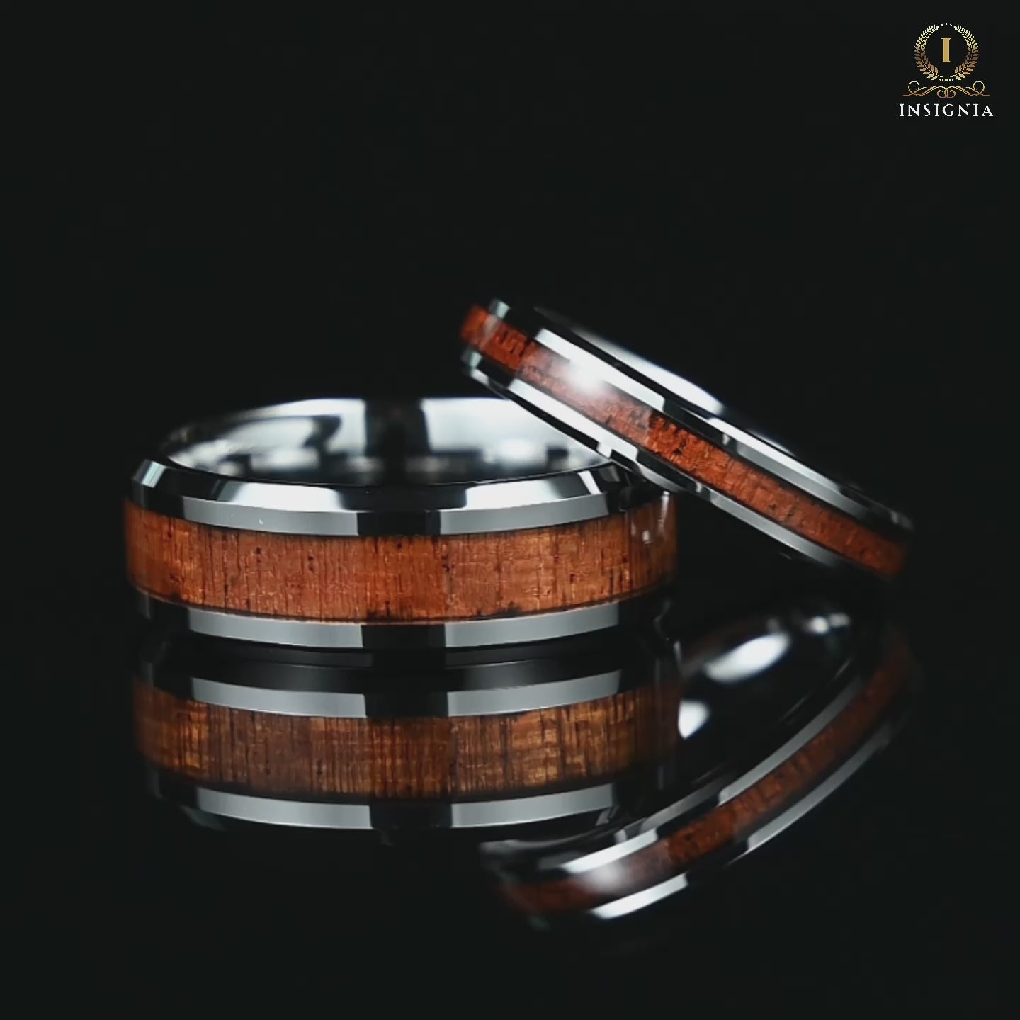 Couple Rings Wedding Set in Silver with Whiskey Barrel Wood Video Showcase