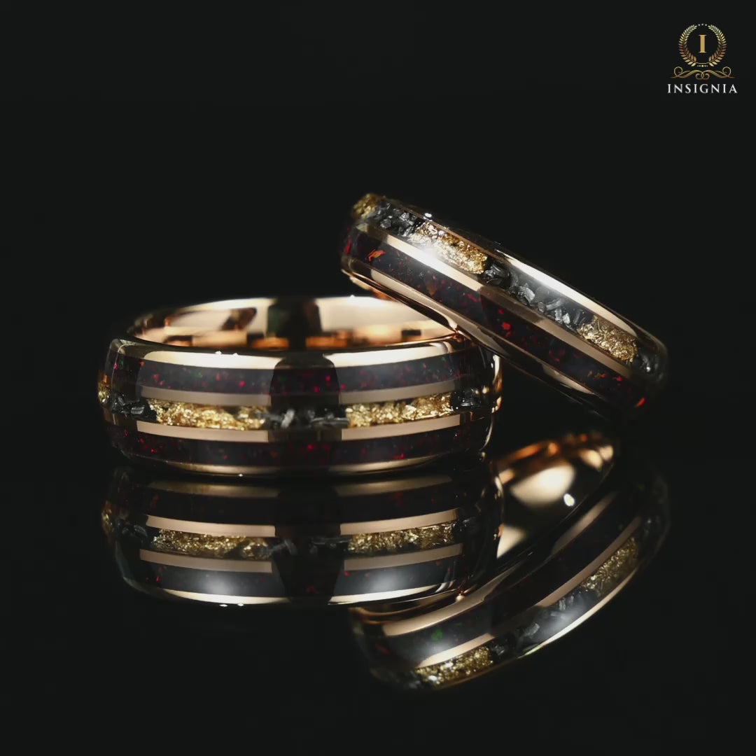 His and Hers Opal Wedding Rings with Meteorite Inlay