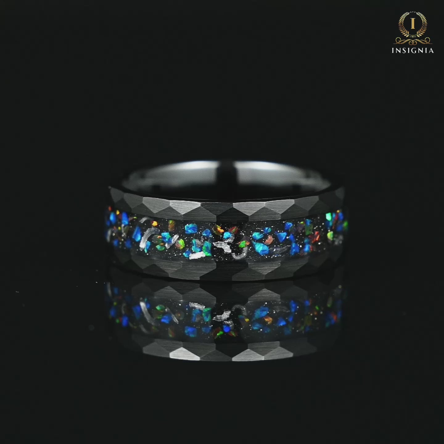 Black Wedding Band for Him with Meteorite and Opal Inlay Video Showcase