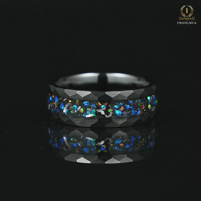 Black Wedding Band for Him with Meteorite and Opal Inlay Video Showcase