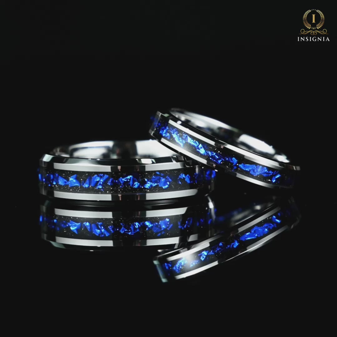 Video of His and Hers Silver Tungsten Wedding Set in Galaxy Design