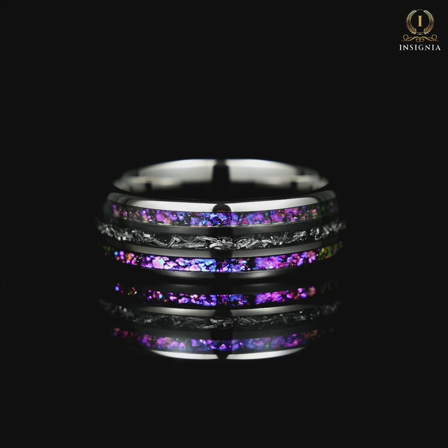 Men wedding ring black tungsten band with meteorite nebula inlay Video